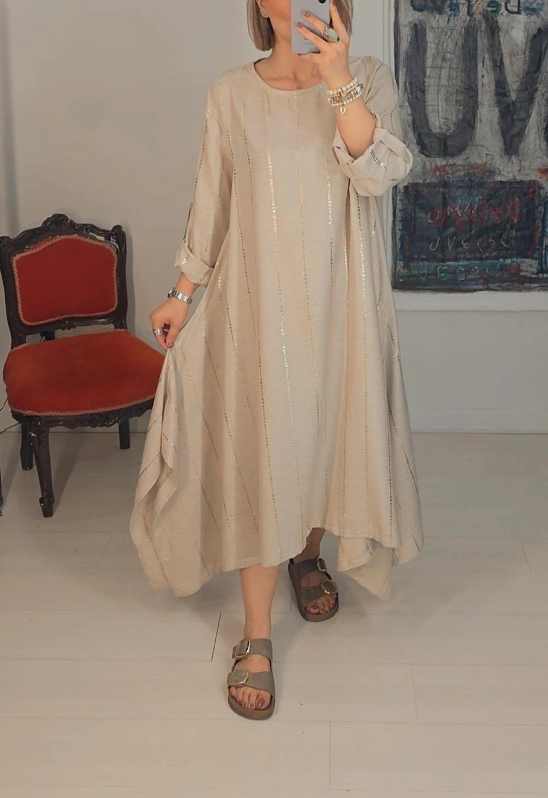  پیراهن زنانه رنگ کرم بلند زر دوزی 